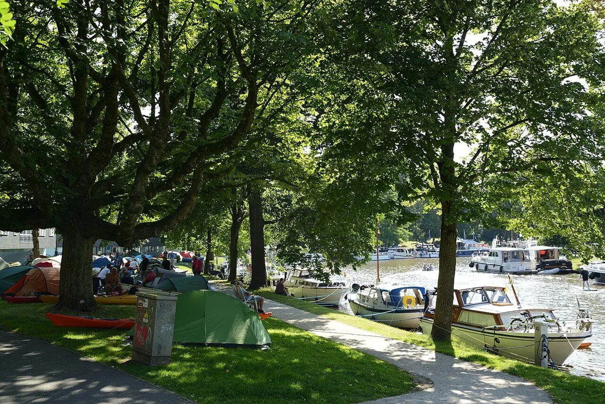 Campers onder de bomen op camperplaats De Wissedwinger in Leeuwarden